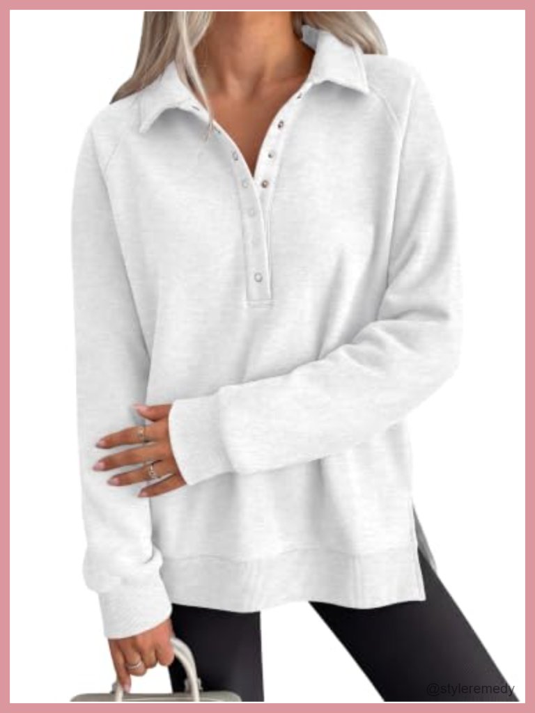 Oversized Henley Sweatshirt With Collared V Neck Long Sleeve Fleece Pullover